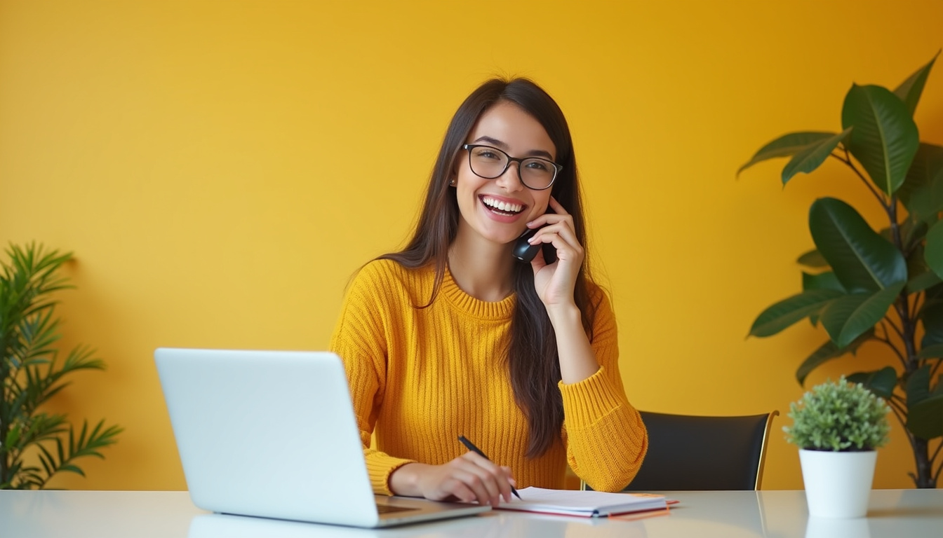  happy receptionist managing calls, boosting small business success, vibrant workspace