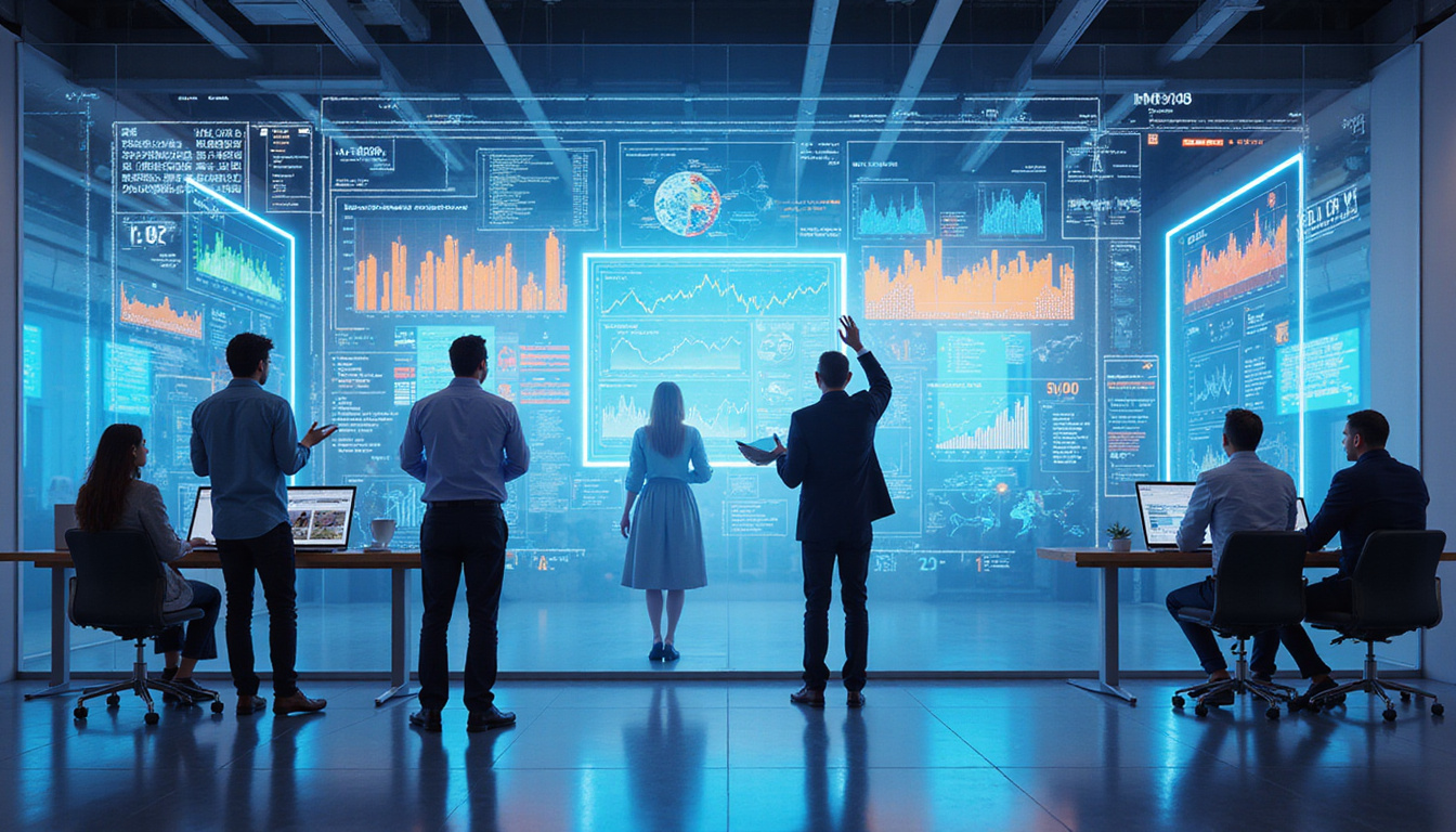  Entrepreneurs analyzing colorful industry classification charts, futuristic office background, detailed vector illustration