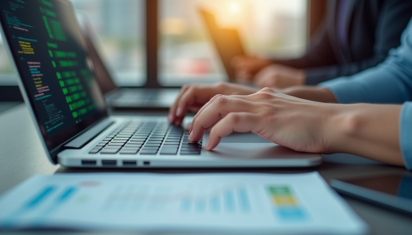  close-up of hands typing export codes on laptop, international shipping paperwork, office desk environment