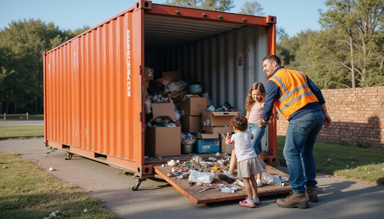  Friendly junk container rental worker assisting a happy family loading junk efficiently on a sunny day