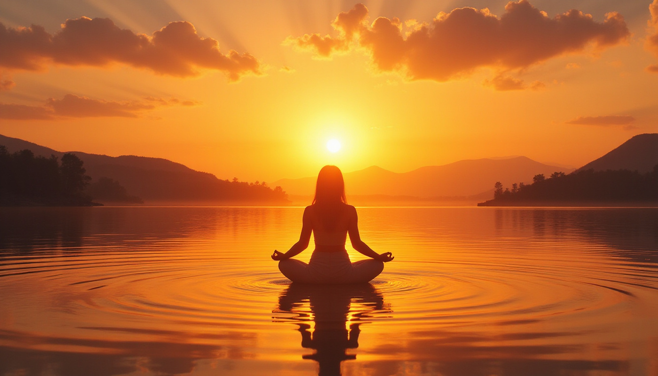  Tranquil sunrise over peaceful lake, silhouette meditating, harmony and inner peace radiating