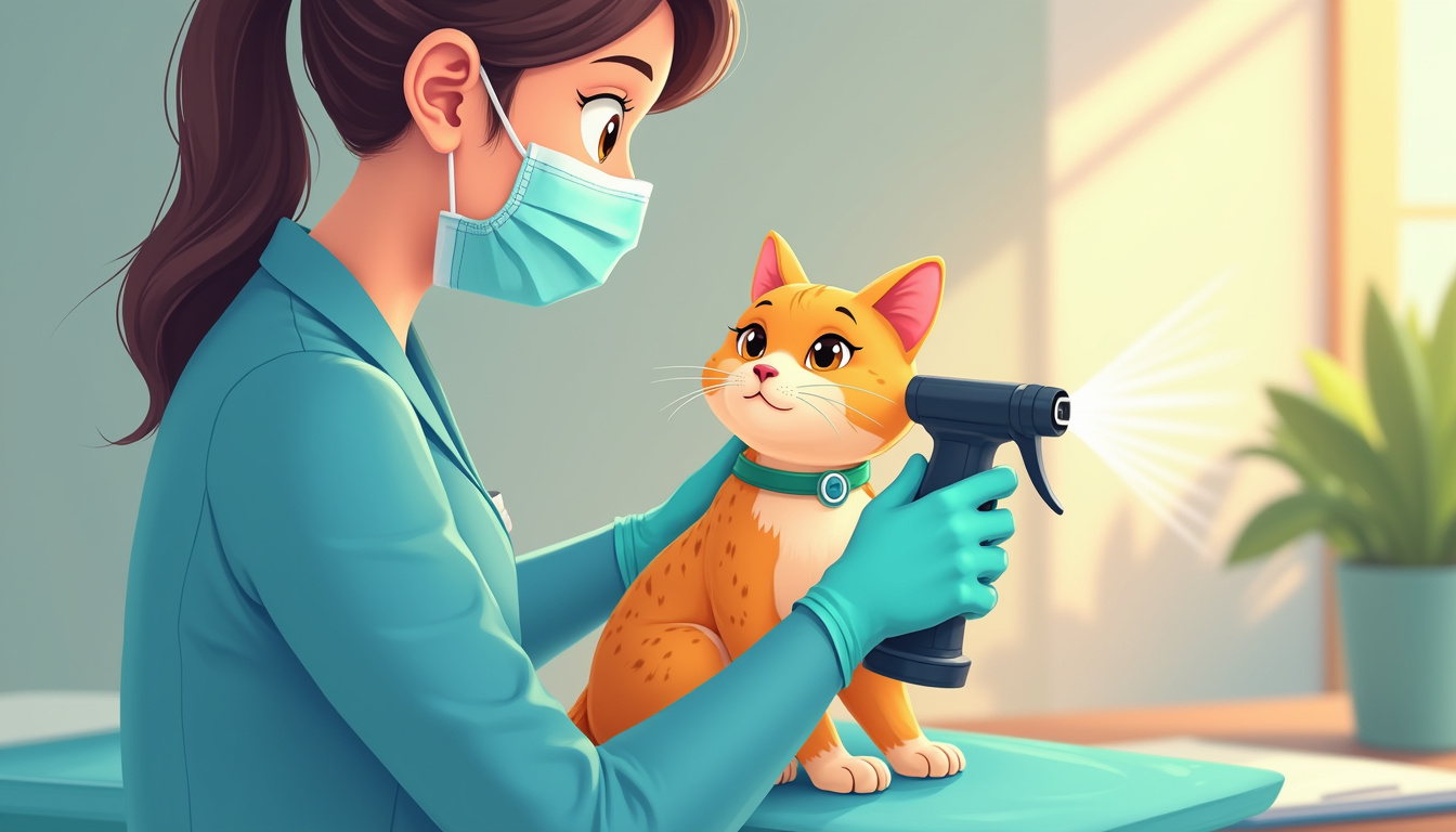  Veterinary expert showing cat owner effective solutions for stopping vertical spraying, warm lighting