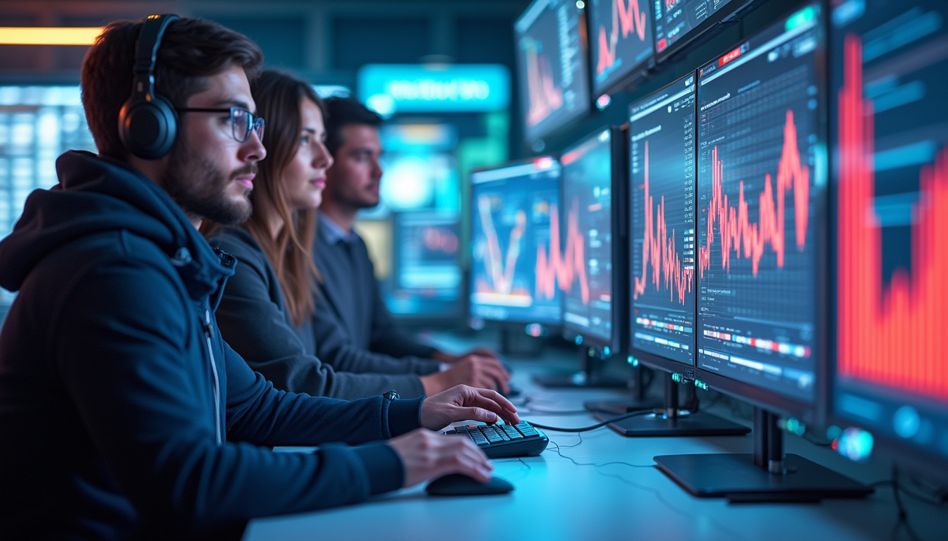 diverse team analyzing customer data on futuristic digital screens, bright workspace