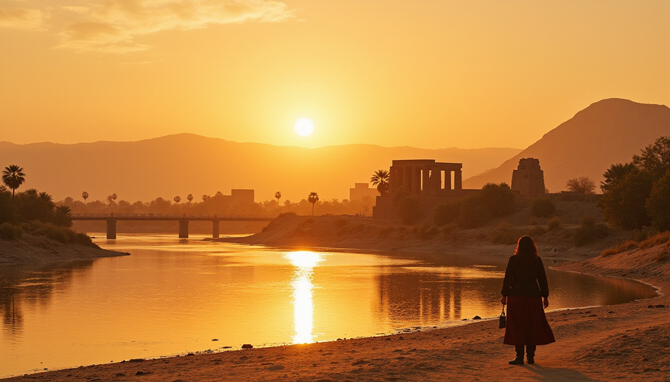 adventurous travelers exploring majestic temples along the Nile River under a golden sky