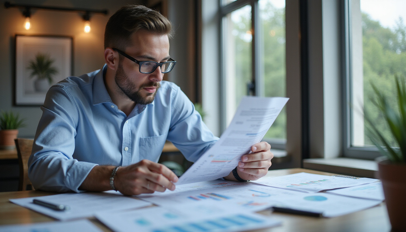  Small business owner analyzing financial reports, bright workspace, focused atmosphere