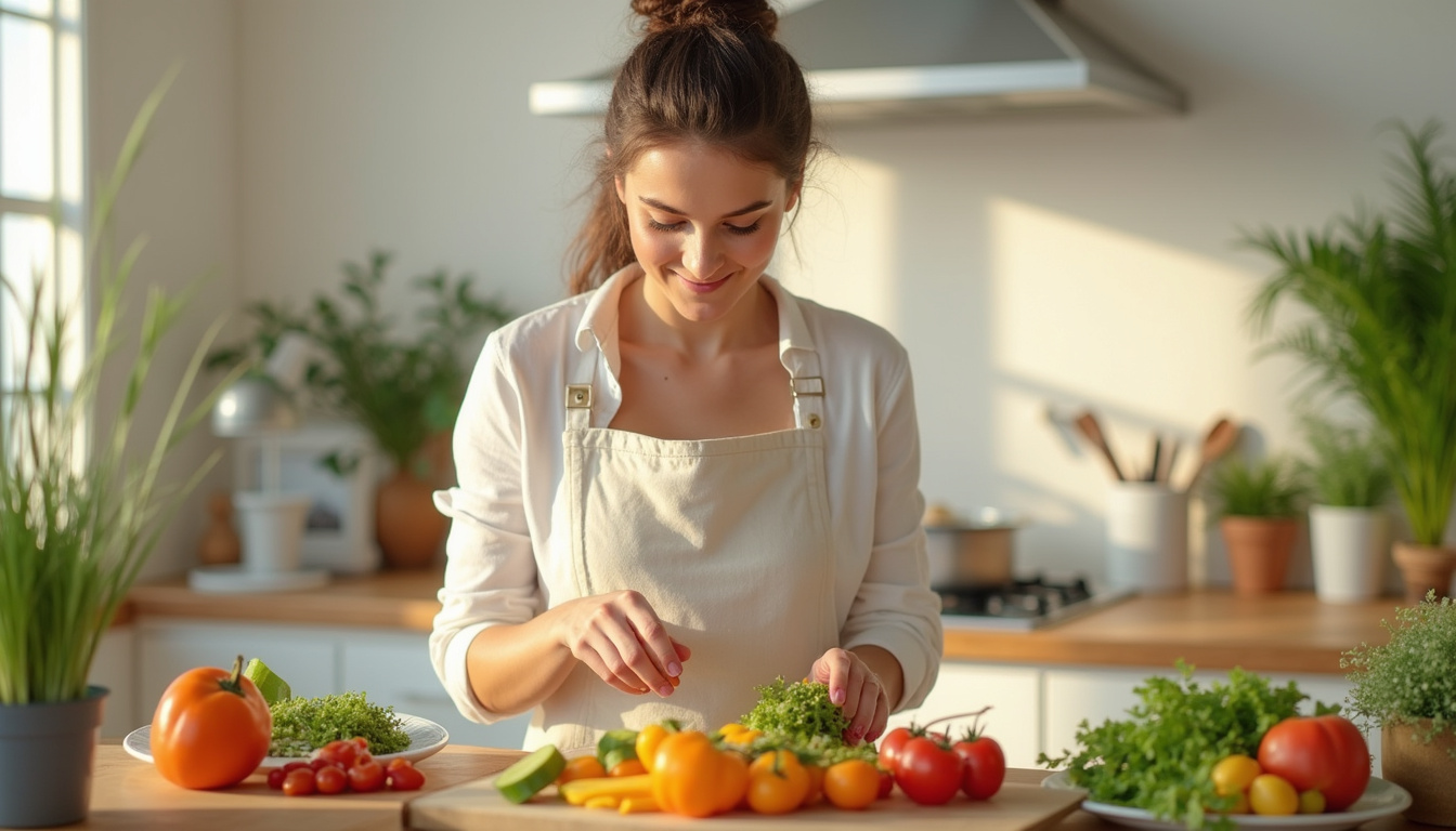 Active young woman meal prepping colorful low carb dishes in bright kitchen sunlight