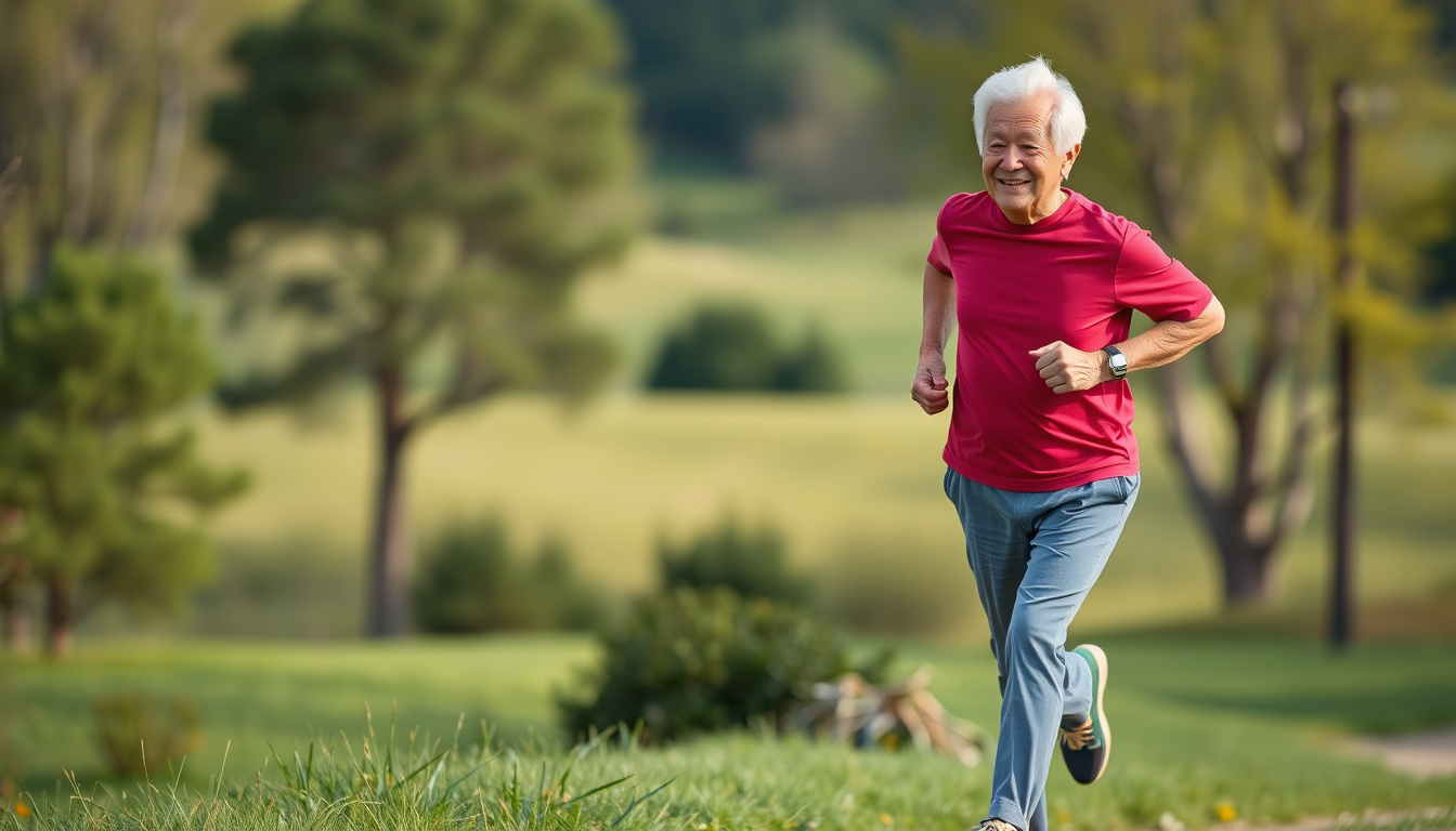  Active elderly person running joyfully in nature, showcasing improved joint mobility and pain-free movement