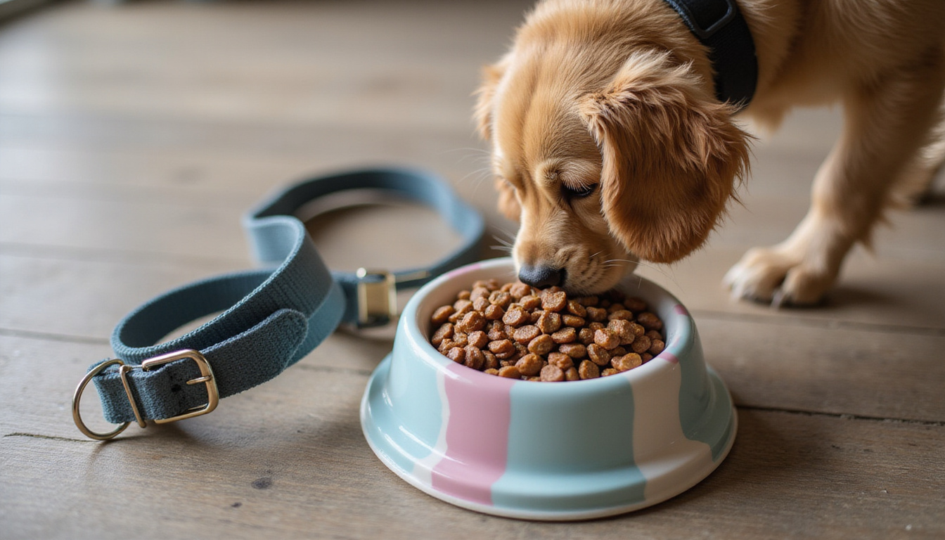  Close-up of stylish dog collar, leash, and nutritious pet food bowl on wooden floor