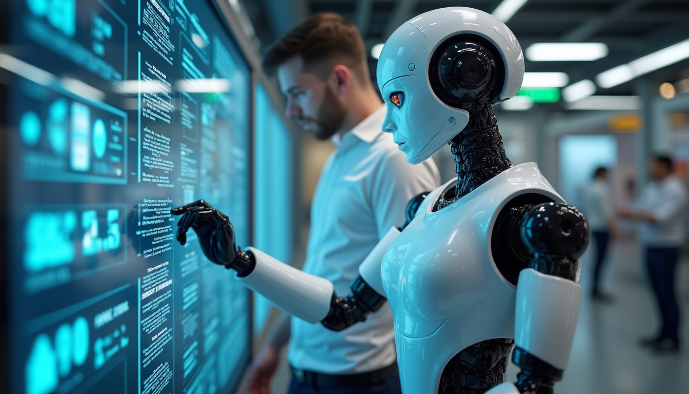  sleek humanoid robot interacting seamlessly with humans, digital interface, modern automation environment