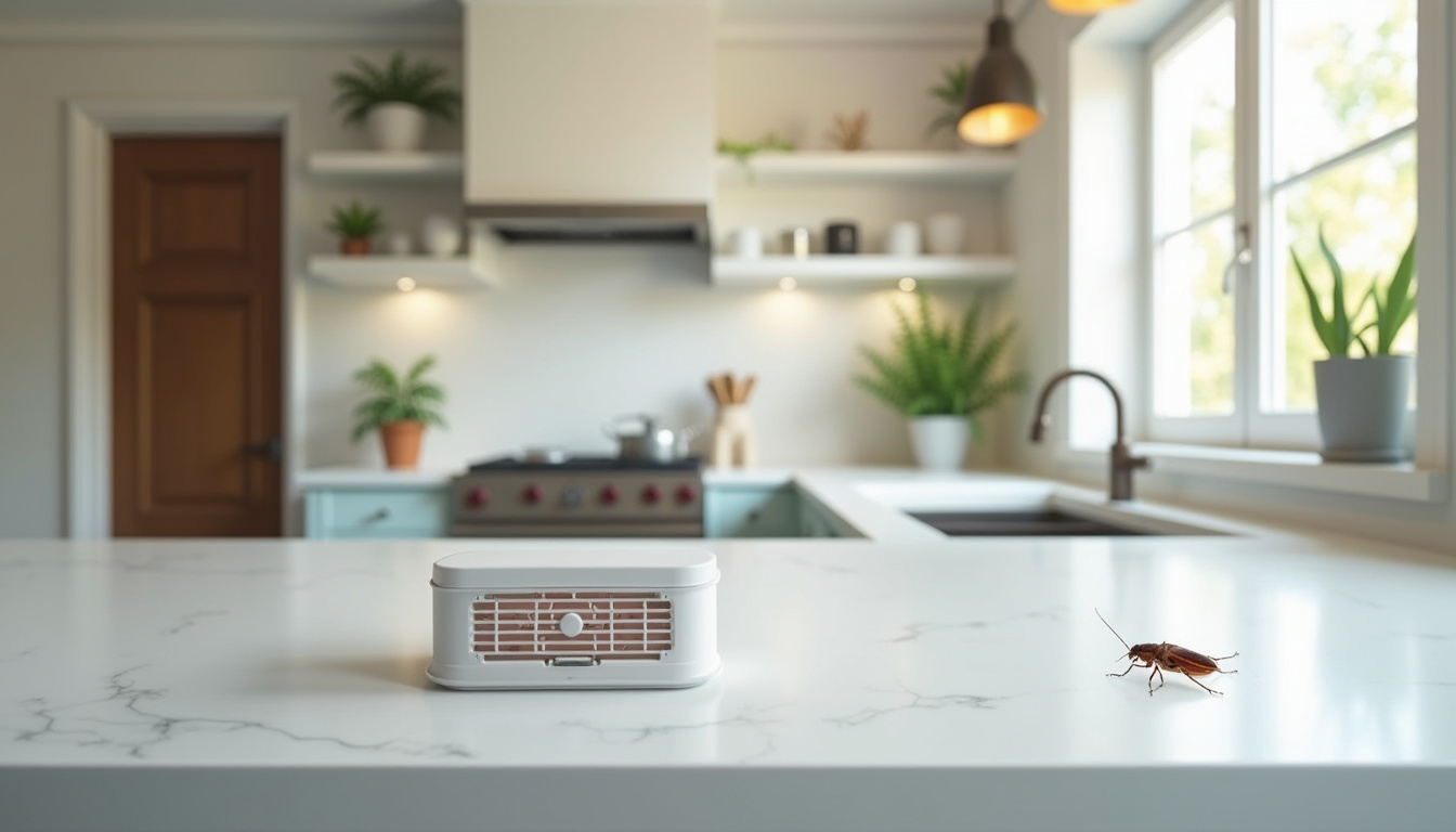  Modern kitchen with invisible pest control, cockroach bait stations discreetly placed under counters