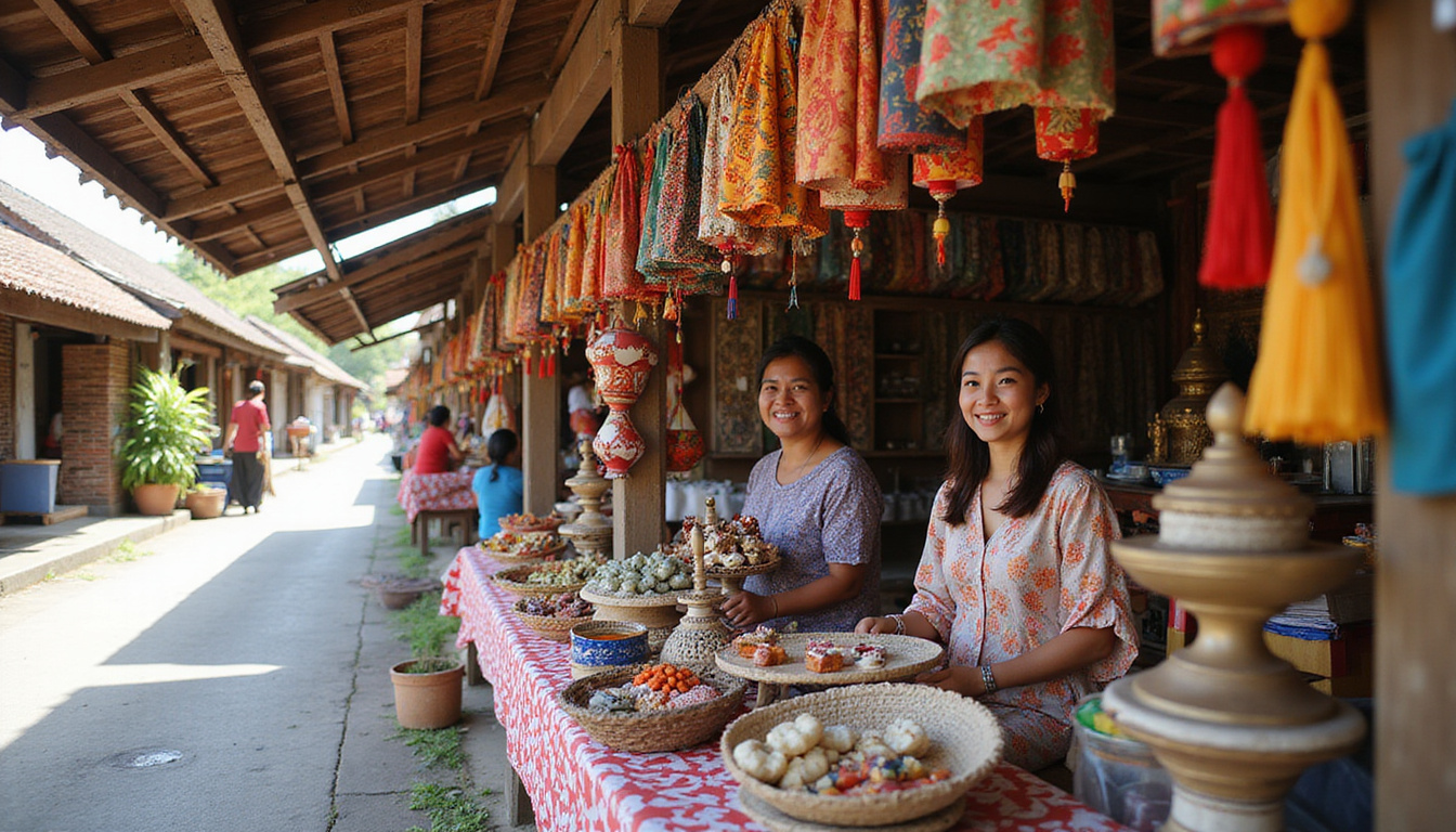  traditional Balinese market stalls with handcrafted souvenirs, vibrant fabrics, smiling local vendors under sunny weather