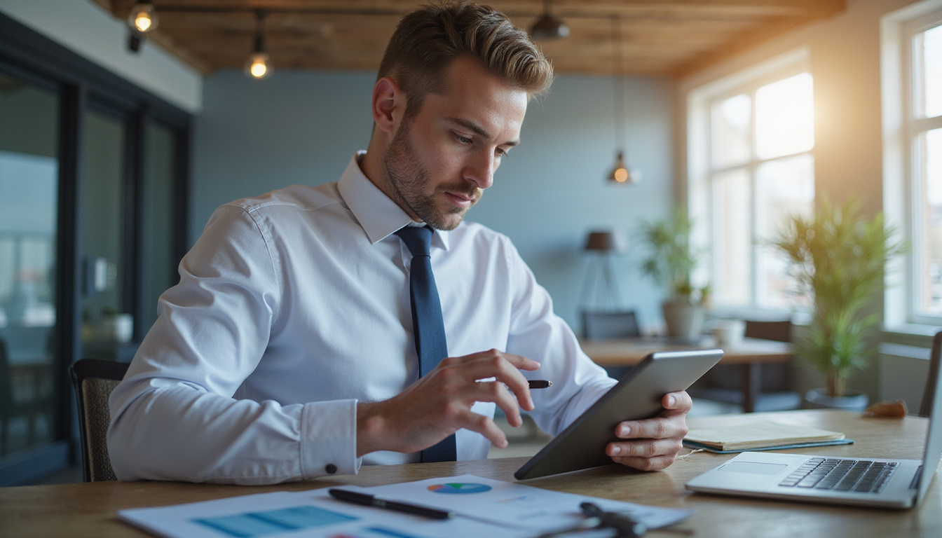 Real estate agent analyzing property data on digital tablet in modern office setting