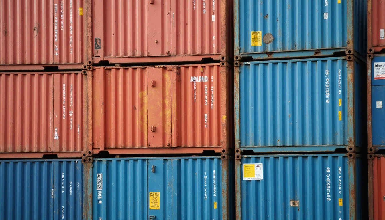 close-up of shipping containers labeled with tariff codes in a busy port yard