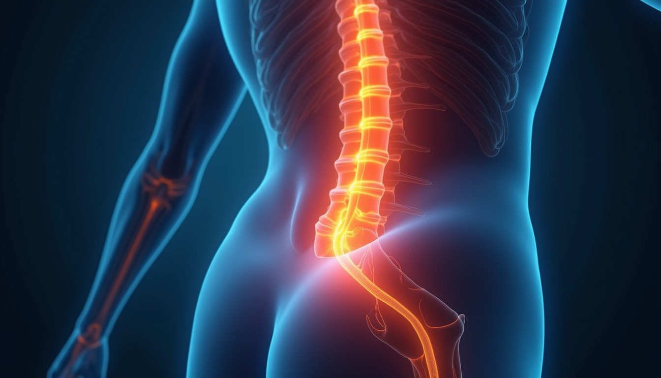 close-up of nerve pain illustration, glowing sciatic nerve pathway, digital medical interface