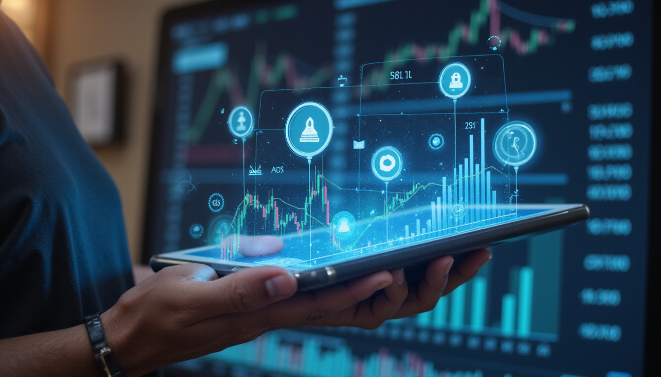  Investor analyzing a holographic crypto chart with regulatory icons floating around