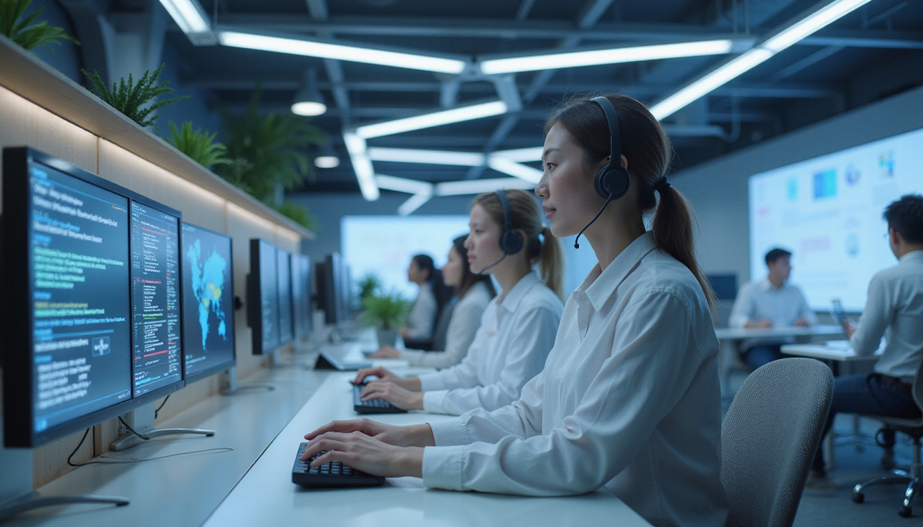  futuristic customer service team using AI technology, sleek designs, efficient and fast environment