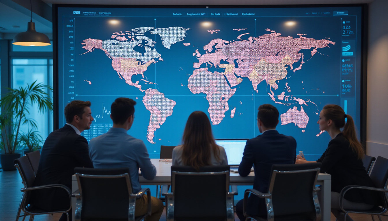  diverse global business meeting, charts and digital data overlays, modern office background