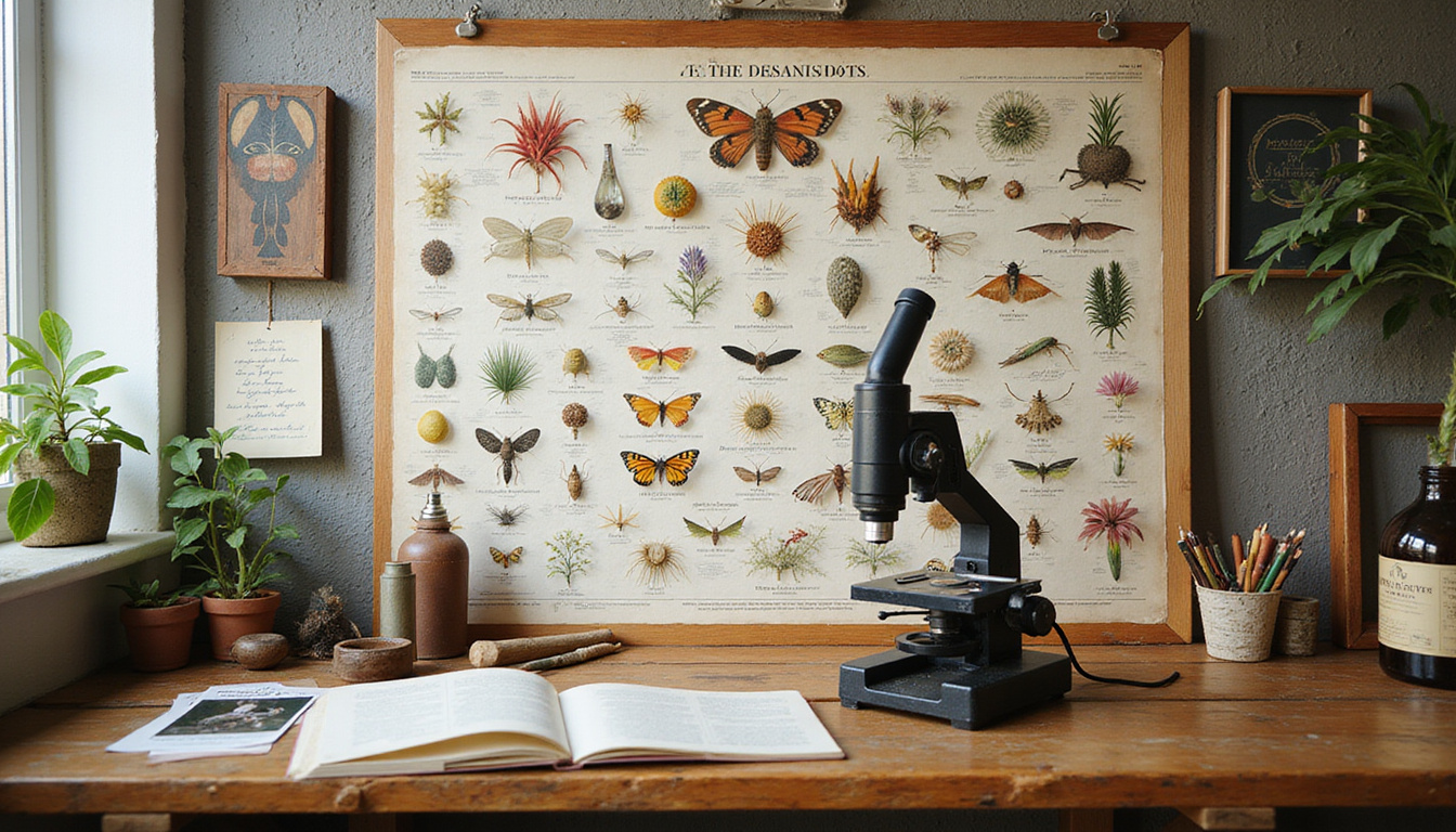  microscope and taxonomy charts with Latin species names, vintage scientific tools, natural history study room