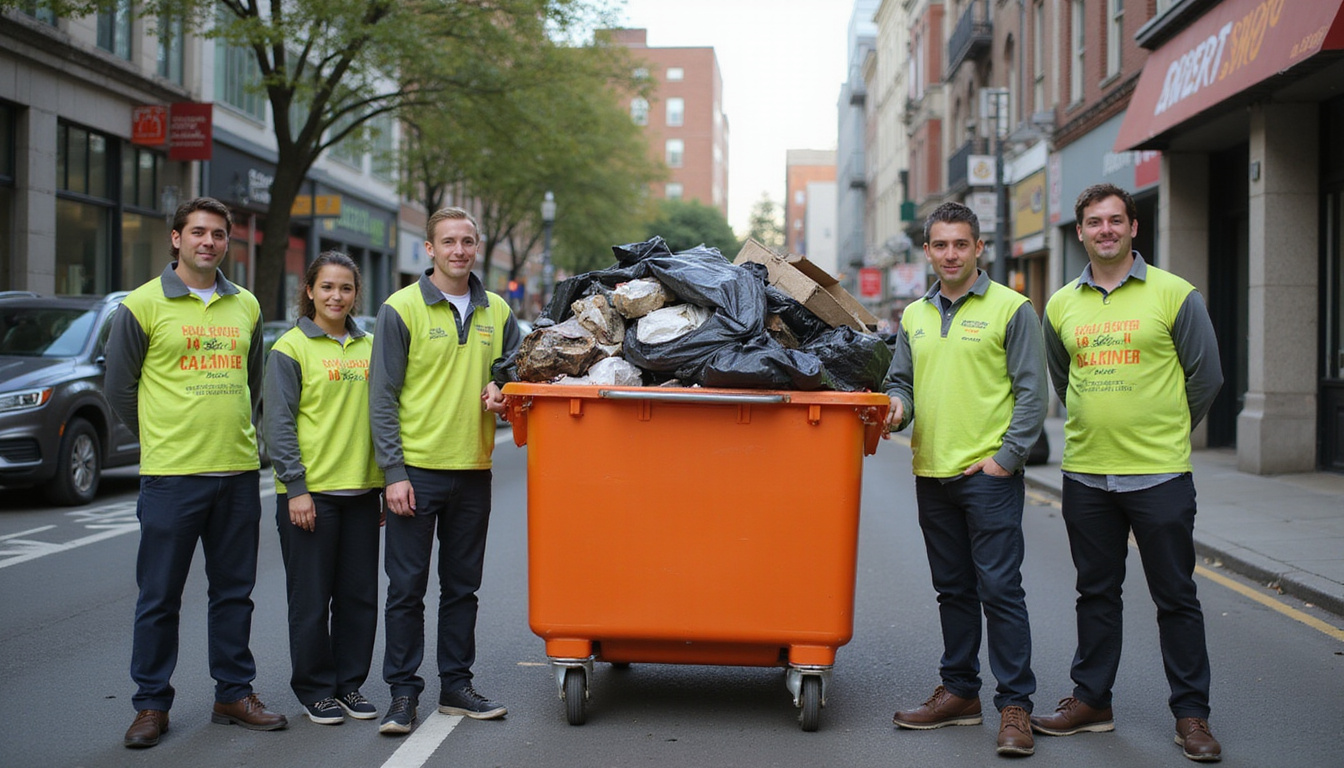  Neatly organized junk pickup team with branded uniforms, large junk container, urban street background