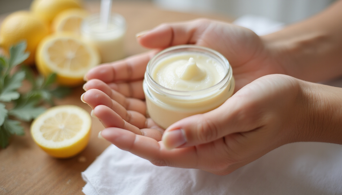  close-up of hands applying soothing balm on aching muscles with soft lighting