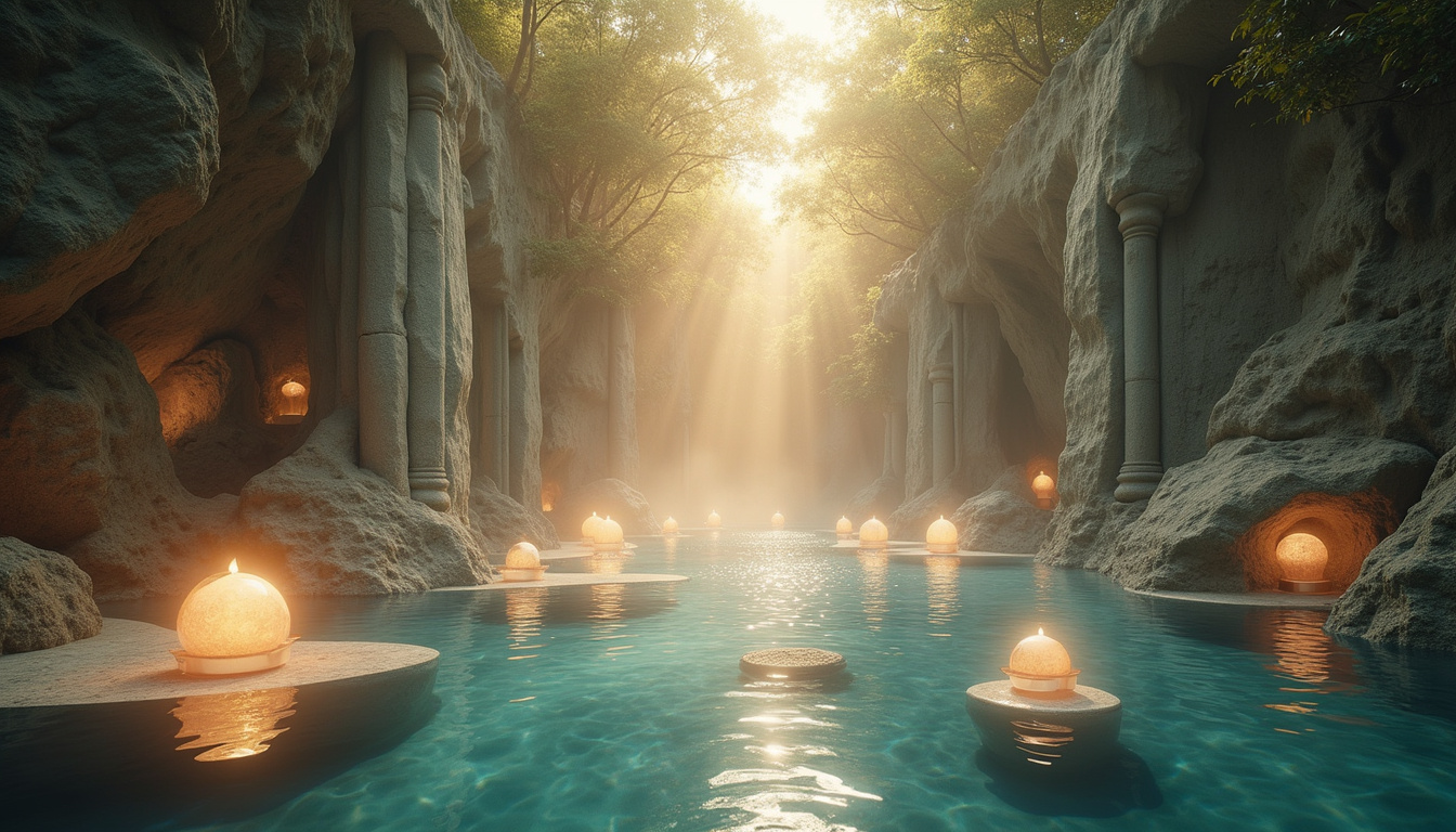  serene spiritual sanctuary with flowing water, ancient symbols, and soft glowing orbs of energy