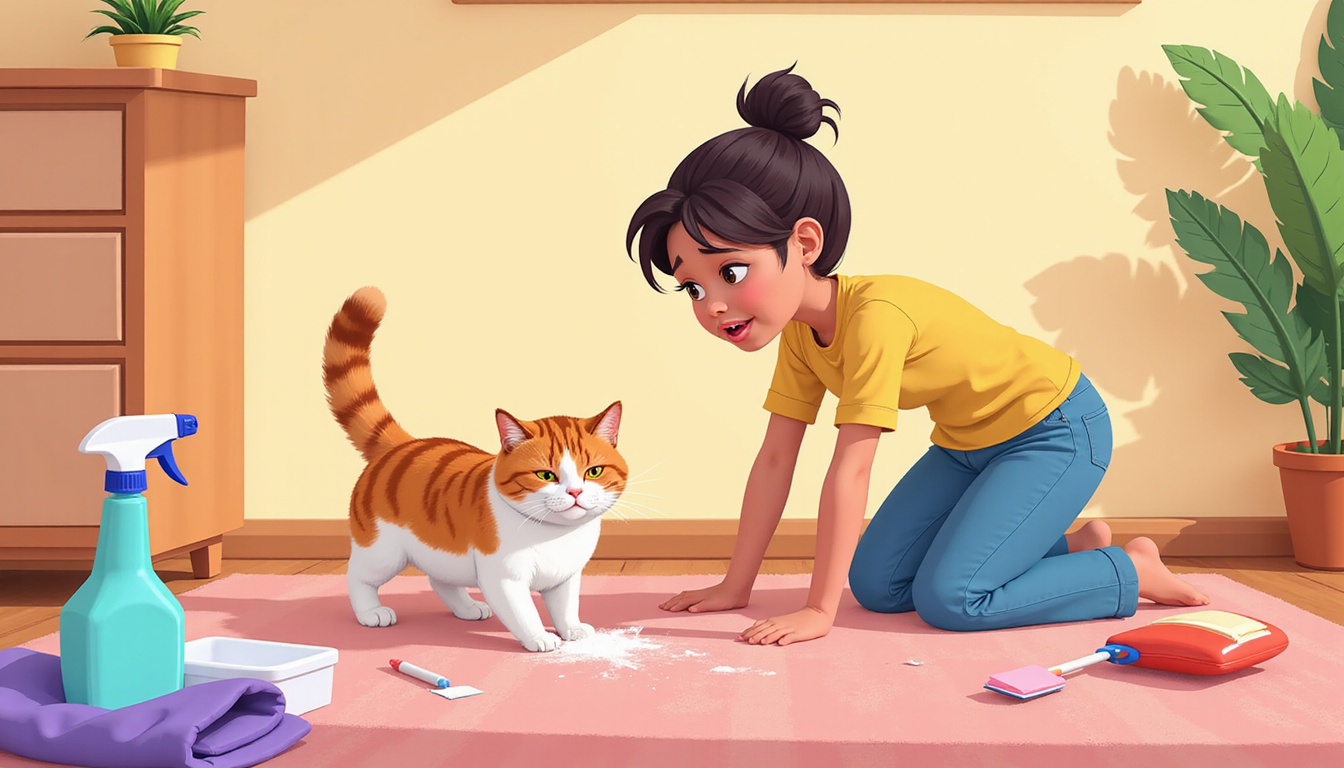 Indoor cat spraying on carpet, frustrated cat owner, cleaning supplies nearby 