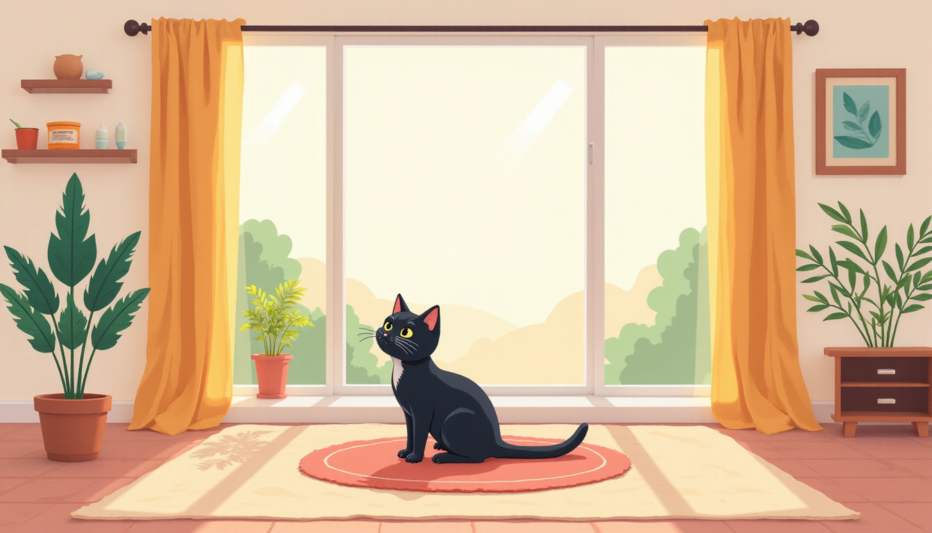  Calm indoor cat in bright living room, no marking behavior, peaceful and clean environment