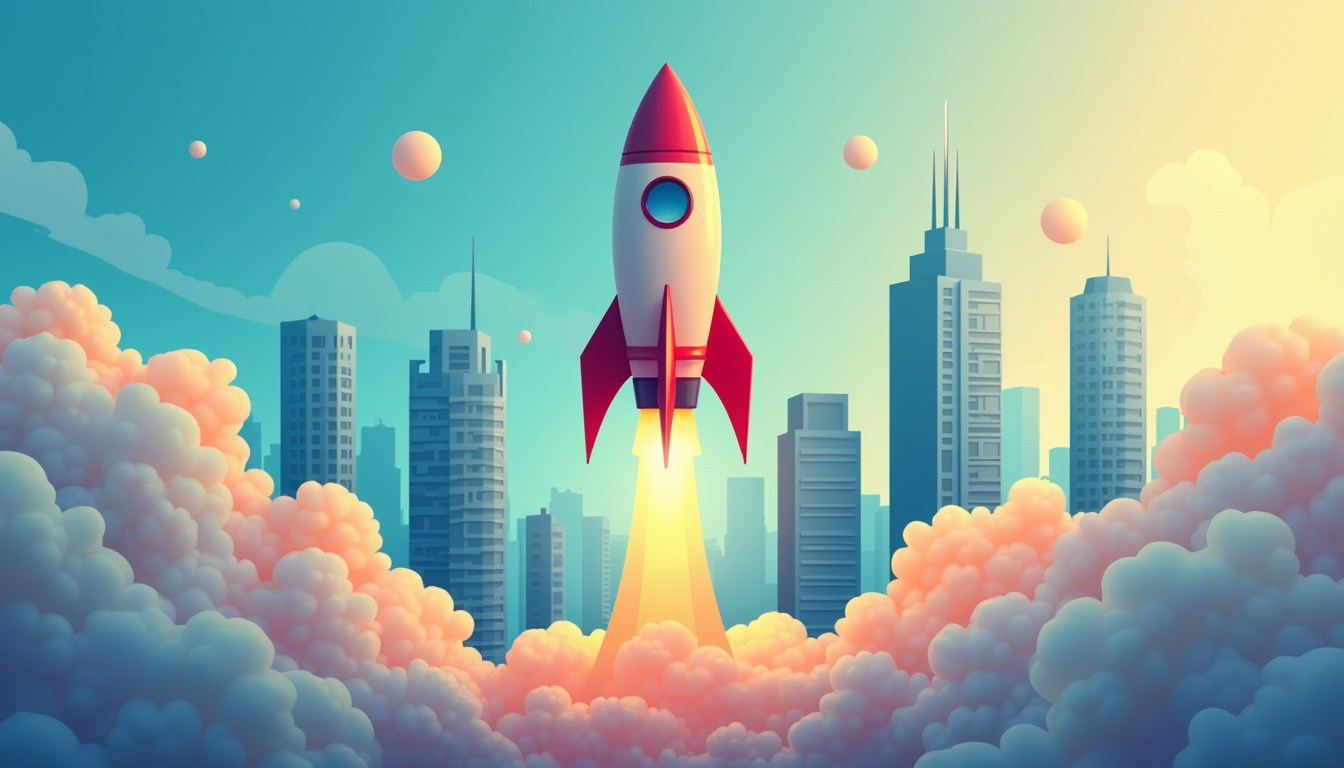 rocket launching over skyscrapers symbolizing rapid business success, vibrant colors