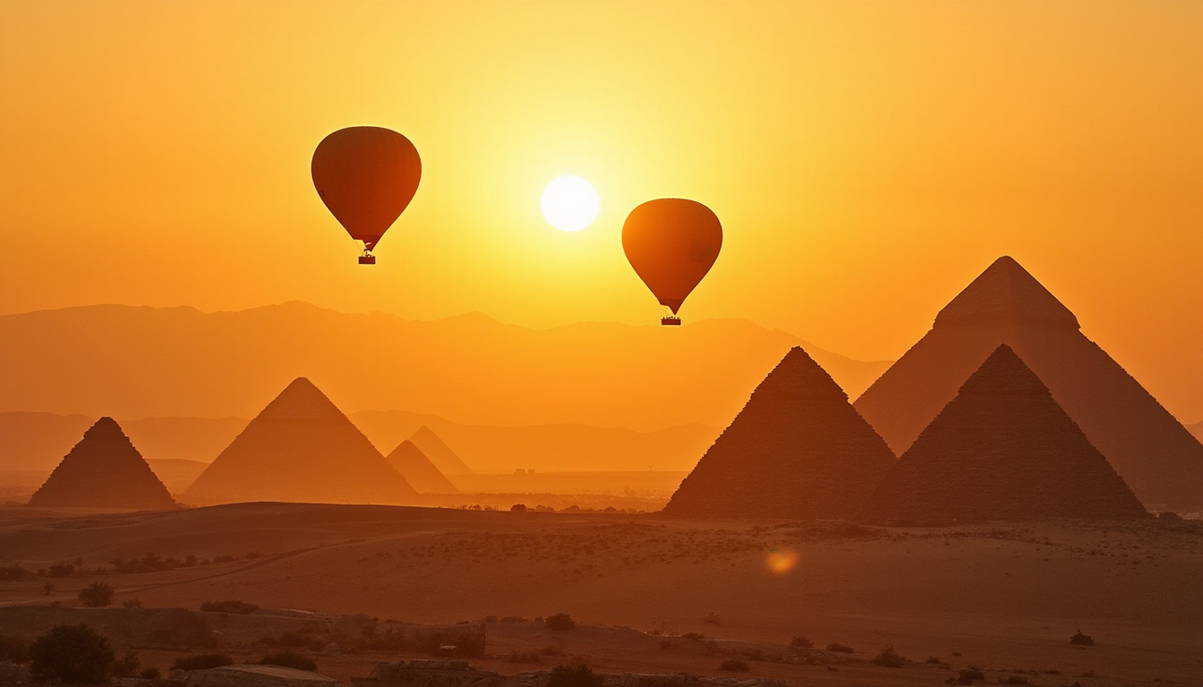  Golden sunrise illuminating hot air balloons drifting above Egyptian pyramids and vast desert landscapes