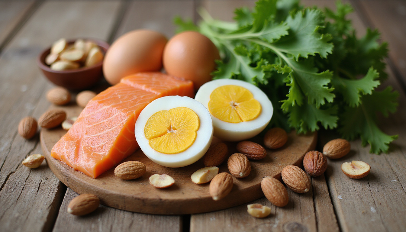 Fresh assortment of nuts, eggs, salmon, and leafy greens on rustic wooden table
