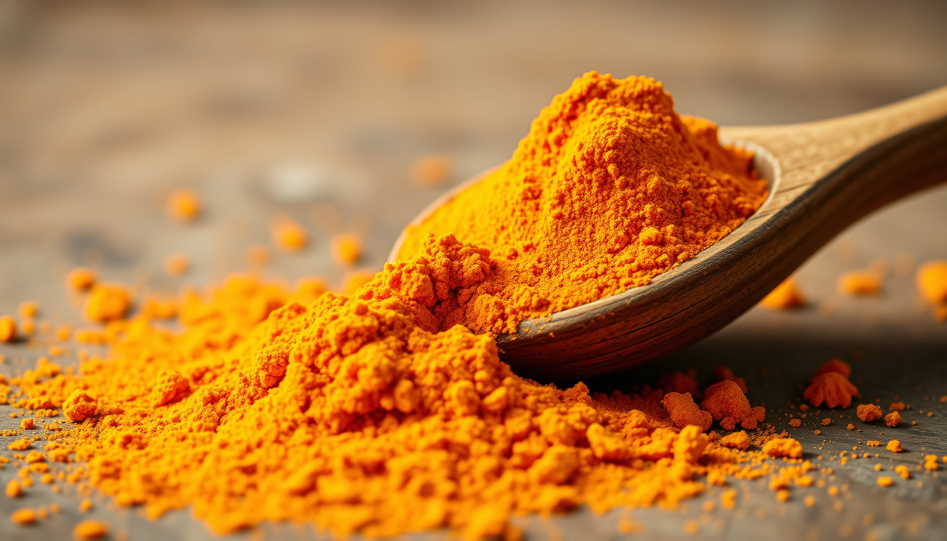  Close-up of vibrant turmeric powder spilling from a rustic wooden spoon, symbolizing natural health benefits