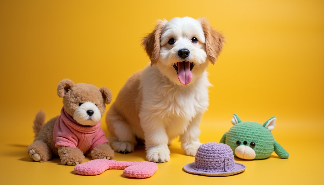  happy dog surrounded by must-have pet accessories, bright and colorful setting