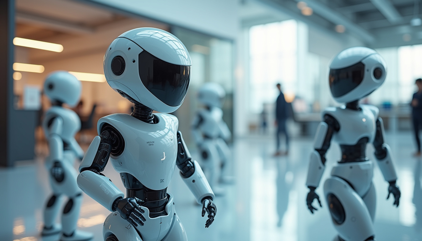  Sleek autonomous robots collaborating in a high-tech corporate office environment