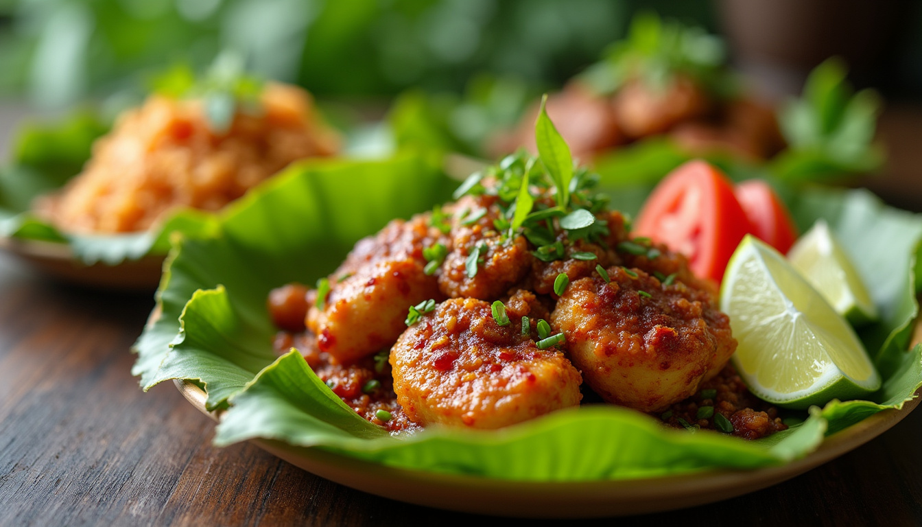 Close-up of aromatic Balinese dishes with rich textures, colorful presentation on banana leaves