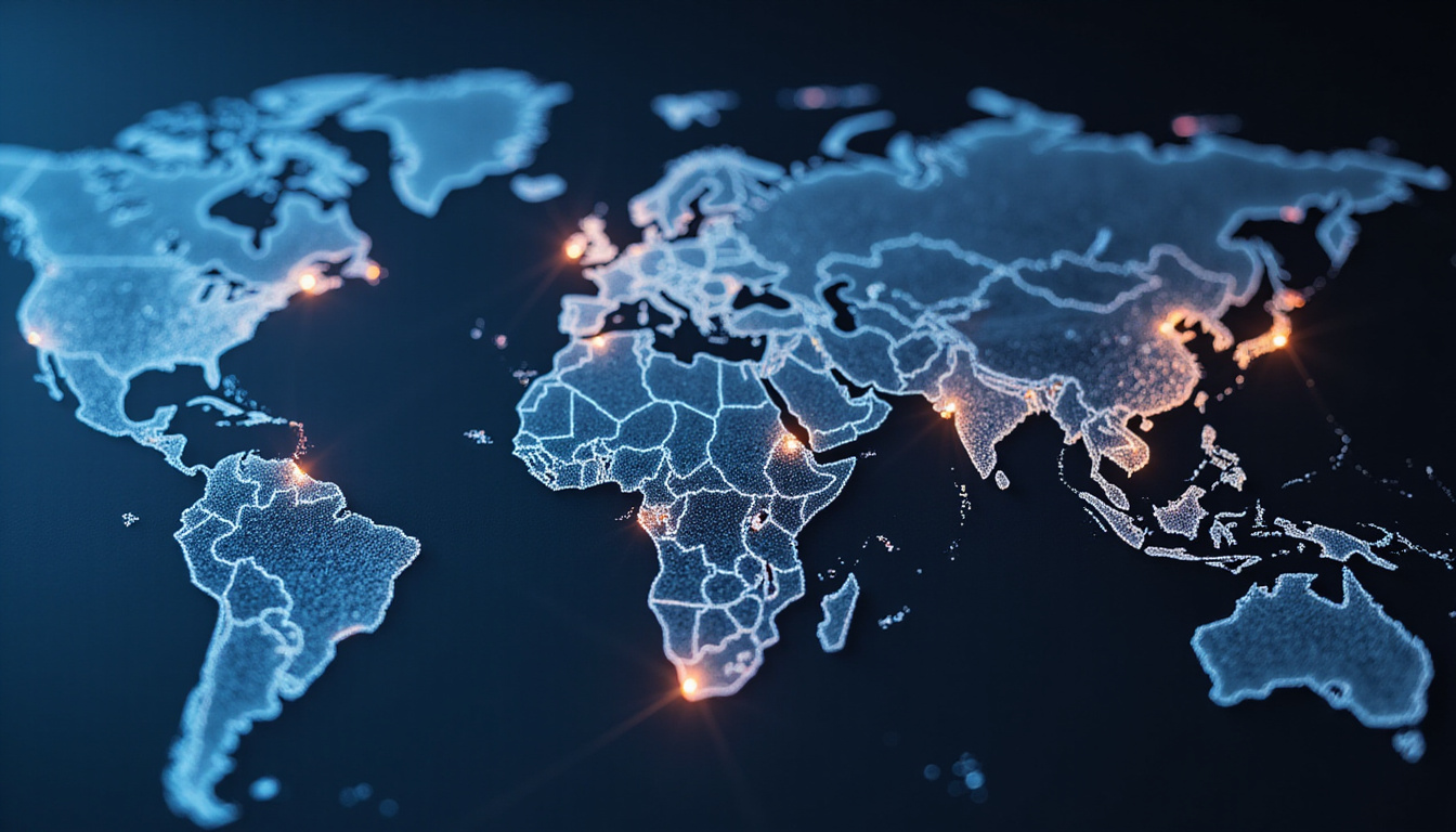  Modern supply chain network, global map with data points, business workflow concept, sleek design
