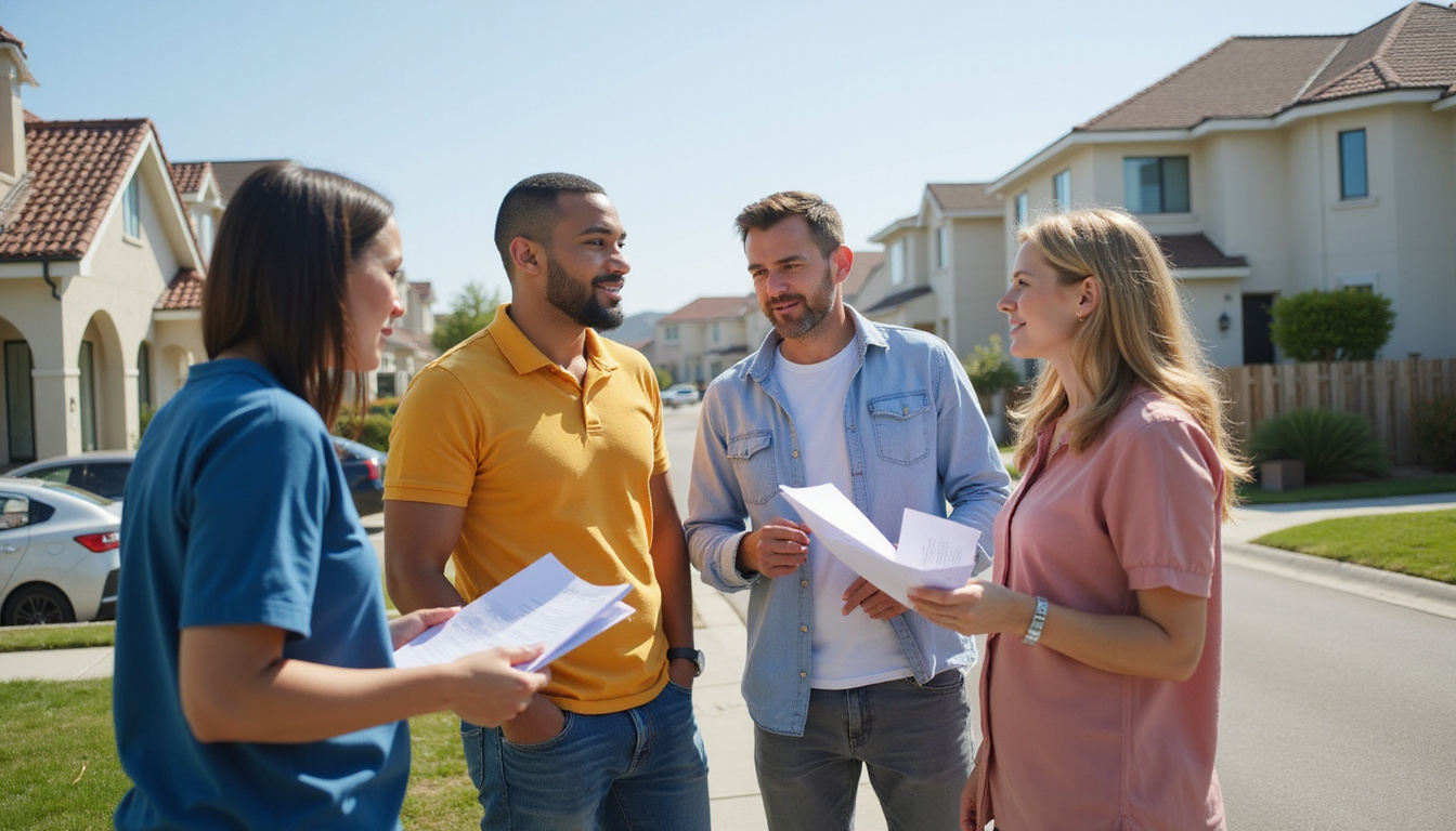 Diverse homeowners discussing property regulations outside modern houses with local government building in background