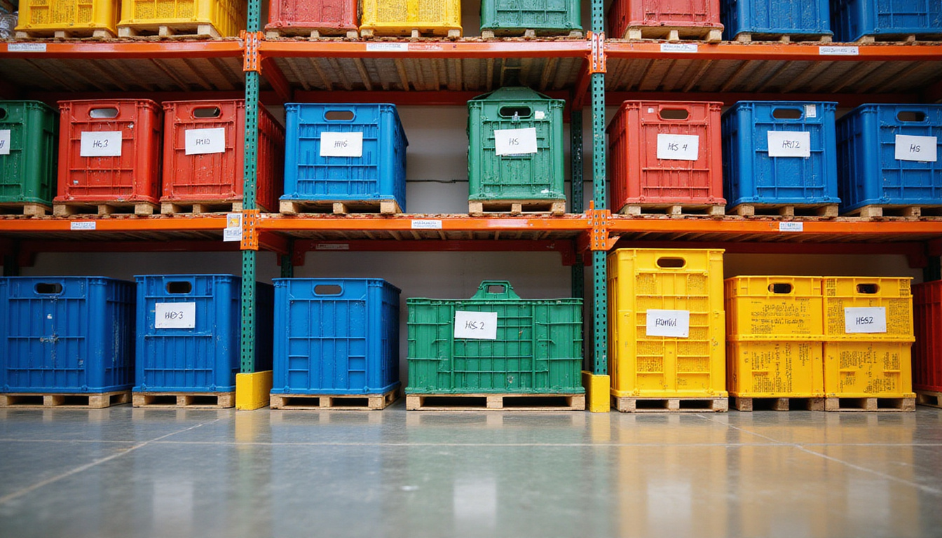  colorful warehouse with labeled crates matching HS codes for efficient shipping