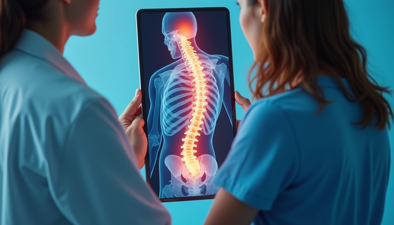  doctor consulting patient with spinal pain, showing 3D spine model on tablet in clinic
