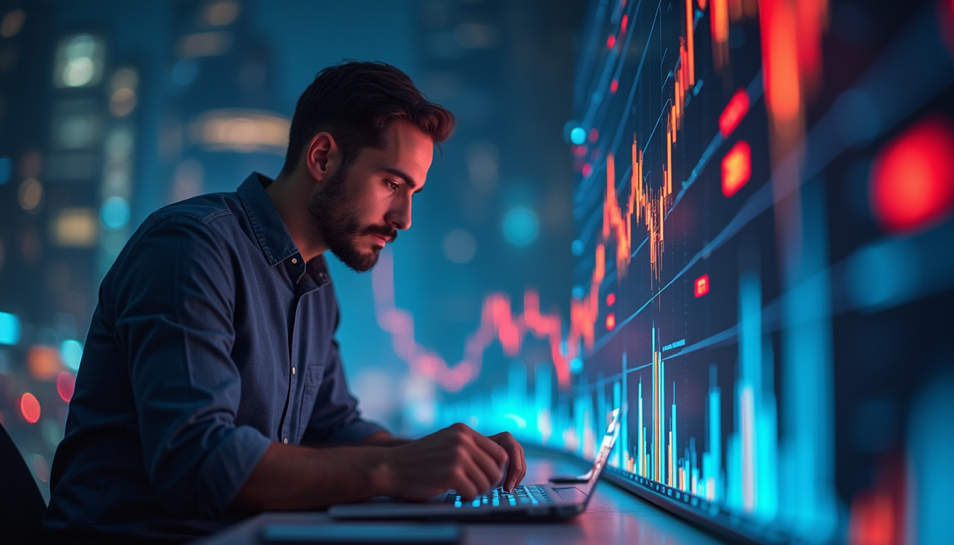  anxious investor analyzing market charts with holographic cryptocurrency symbols and government regulation icons