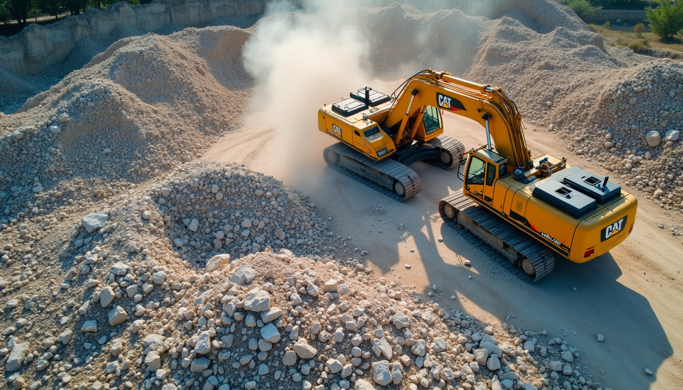 aerial view of large-scale demolition, rubble piles, cranes and excavators working efficiently