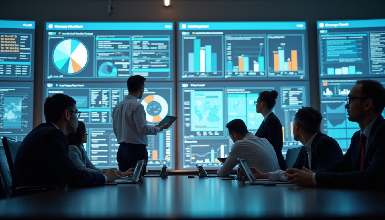  modern office scene with professionals analyzing industry classification diagrams on digital screens