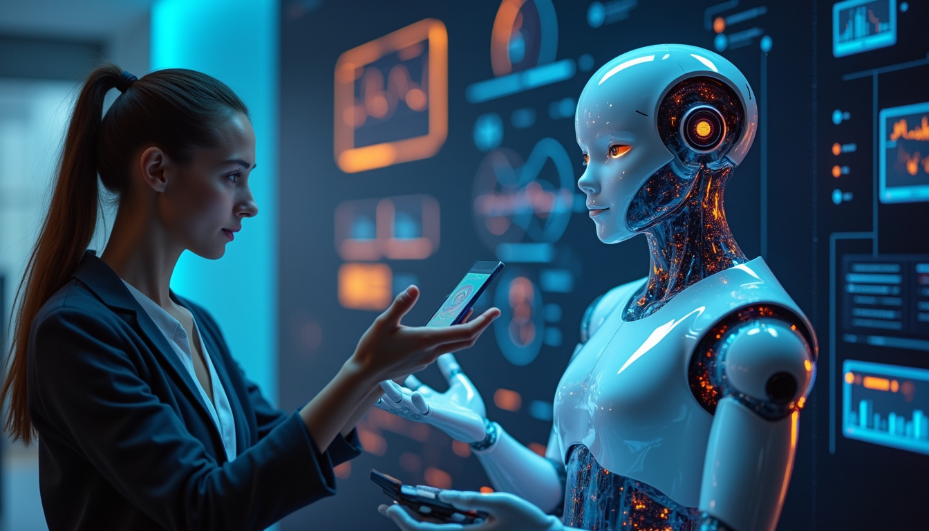  Futuristic AI voice assistant interacting with users, sleek digital interface glowing bright
