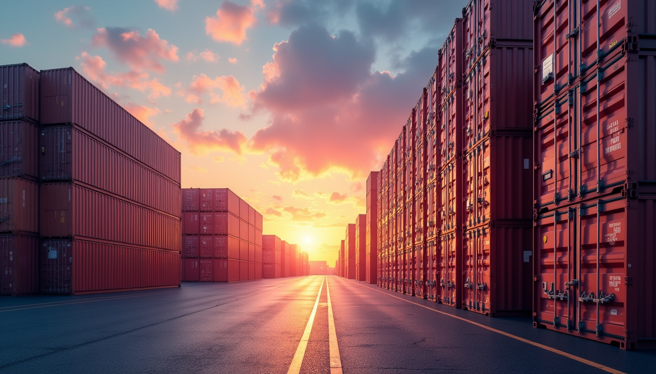  Stacks of shipping containers with digital tariff codes, global trade concept, vibrant port at sunset