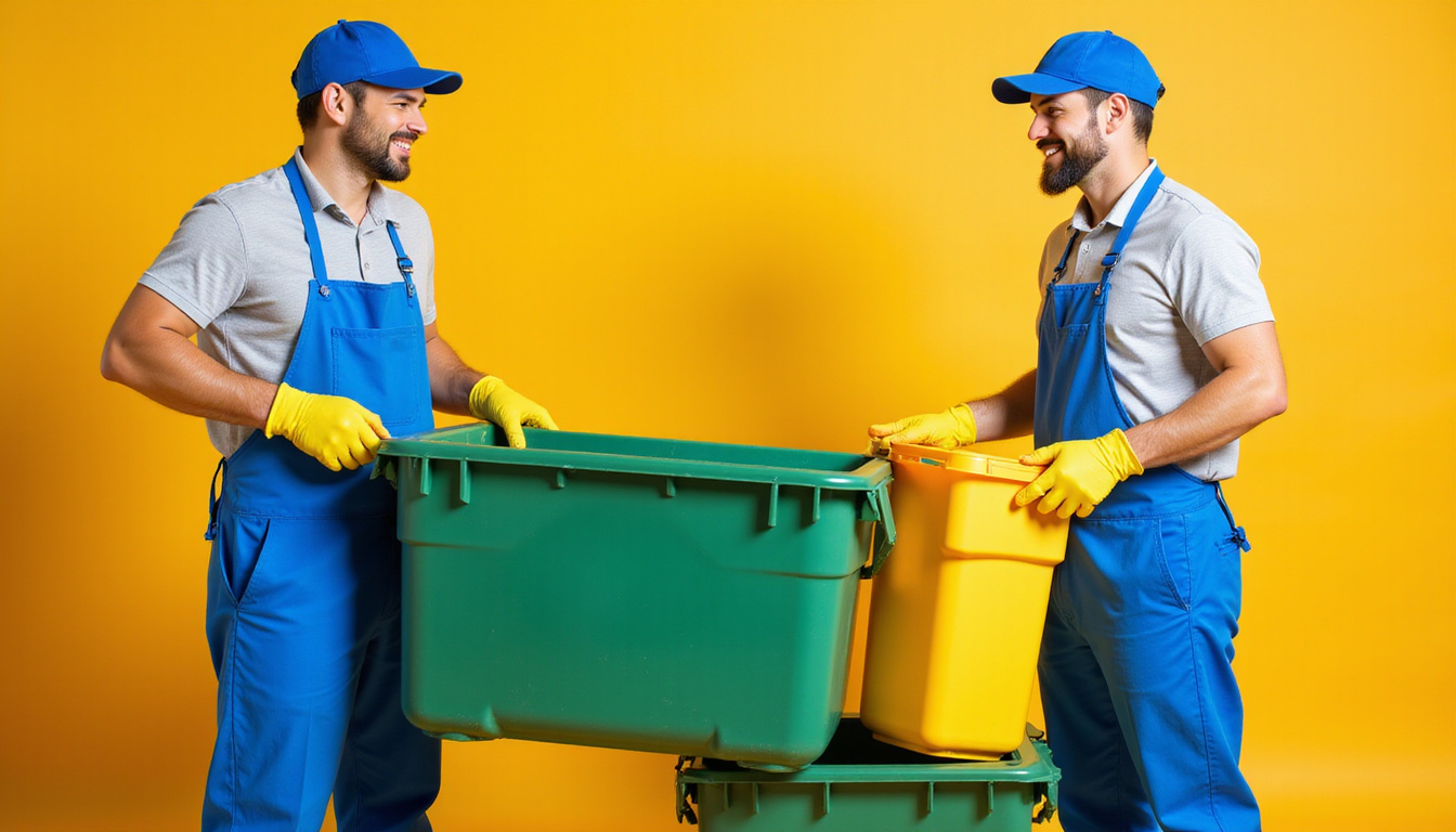  Professional junk removal team in San Diego with gloves, eco-friendly recycling bins