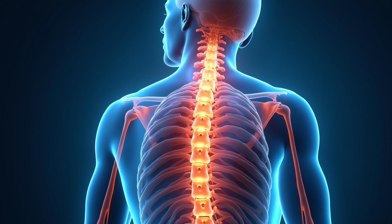 detailed anatomical diagram of spinal stenosis, highlighting affected nerves, medical style