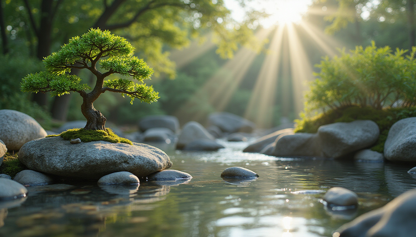 Tranquil Zen garden with delicate bonsai, smooth stones, and gentle flowing water, morning light filtering through trees