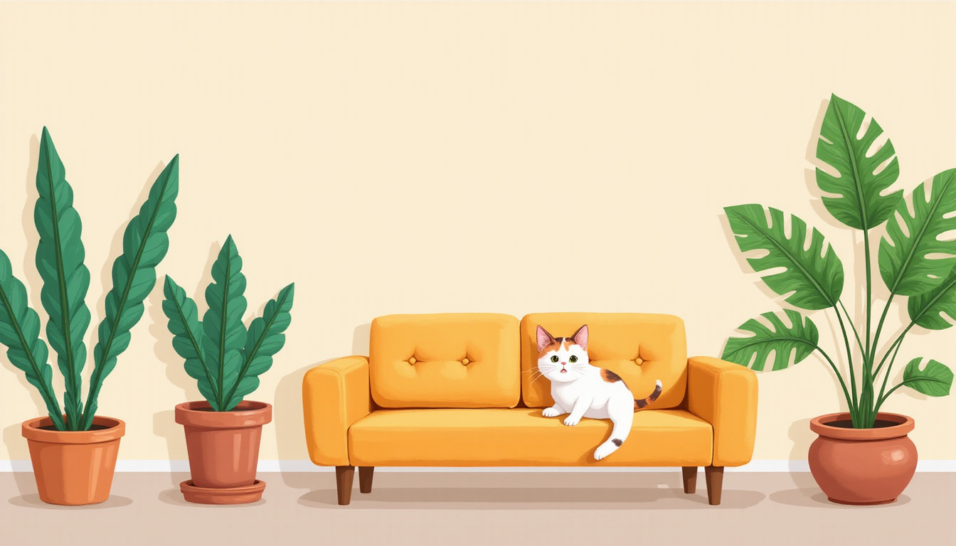 Calm cat avoiding marked indoor plants, cozy home background 