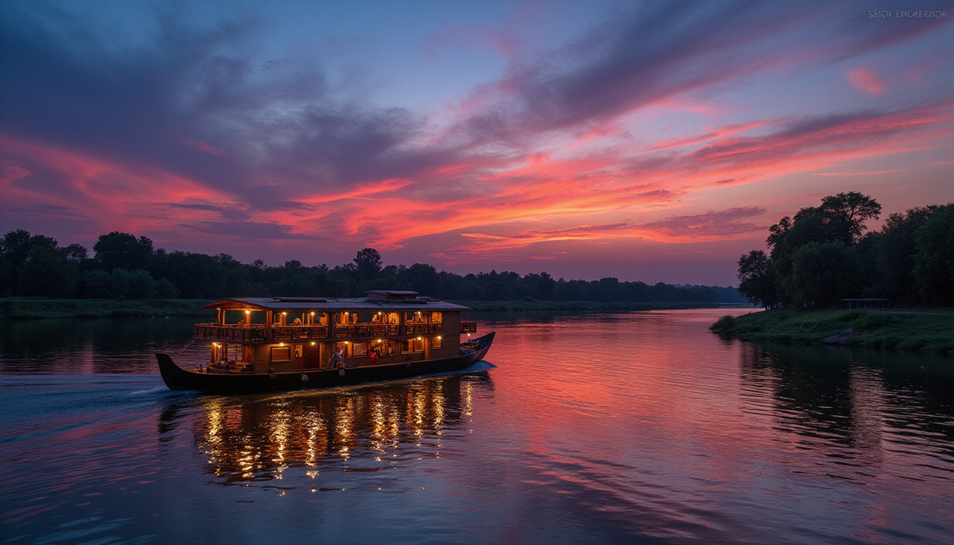  Serene evening Nile cruise, lantern-lit wooden boat drifting past lush riverbanks under vibrant twilight sky