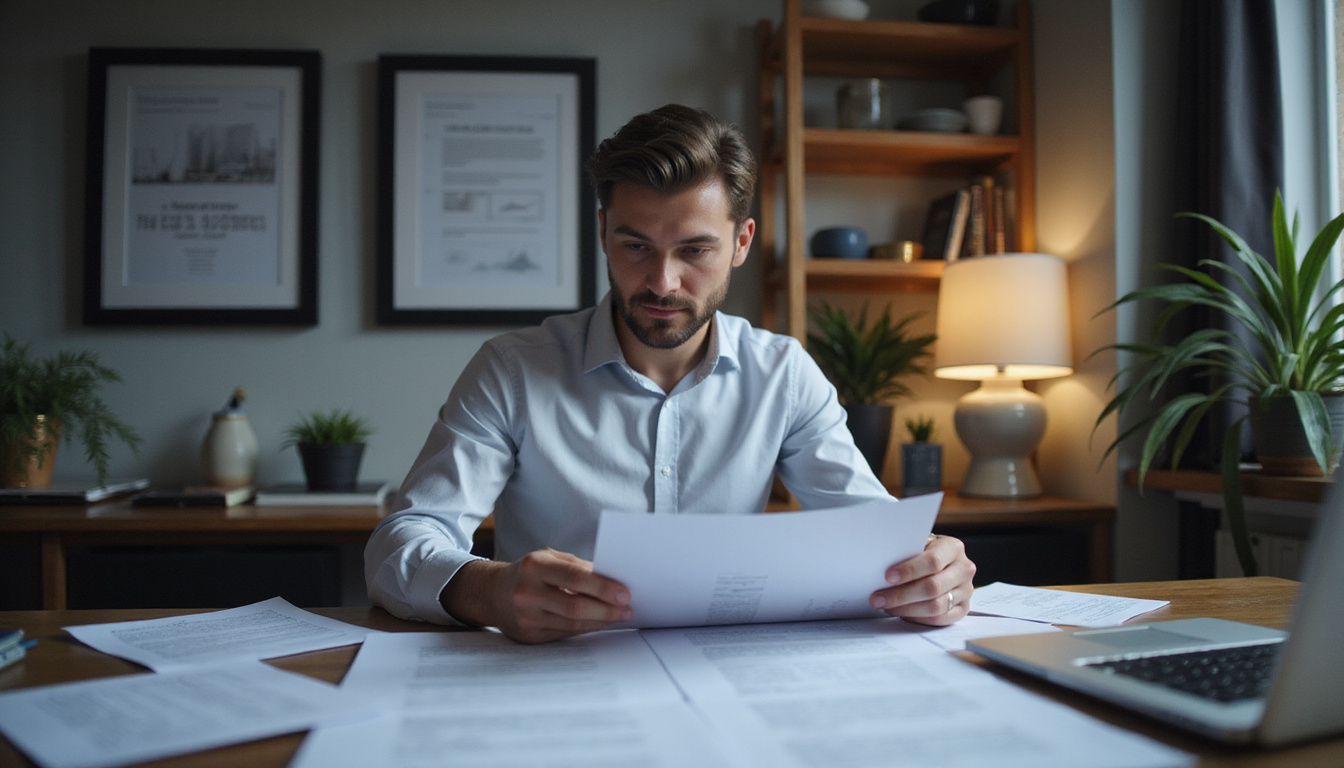  small business owner reviewing detailed government contract documents, focused workspace