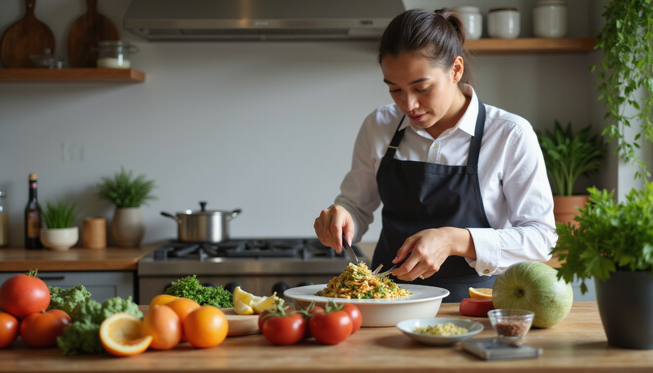  Focused person preparing nutritious low-carb dish, vibrant colors, modern kitchen environment